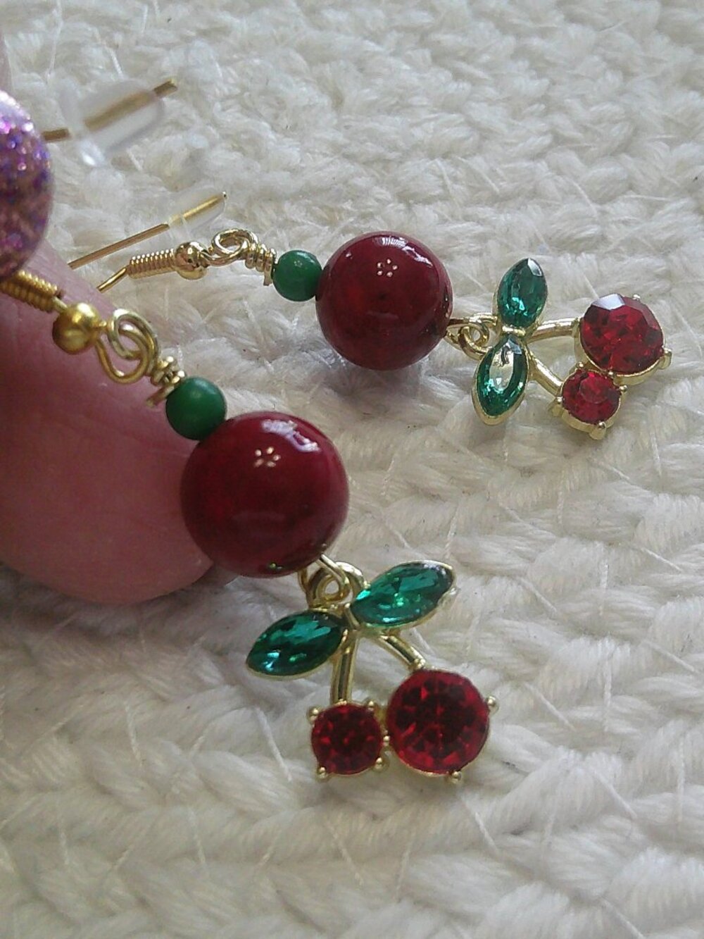 Darling RED CERAMIC CHERRY Handmade Gold Dangle Earrings #191F